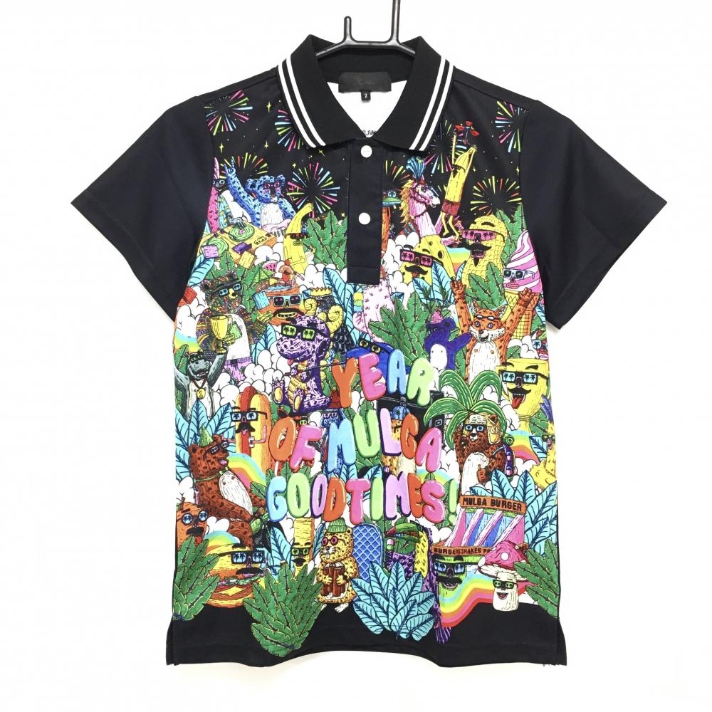 【超美品】ダンスウィズドラゴン×MULGA 半袖ポロシャツ 黒×マルチカラー 前面総柄 レディース 2(M) ゴルフウェア Dance With Dragon