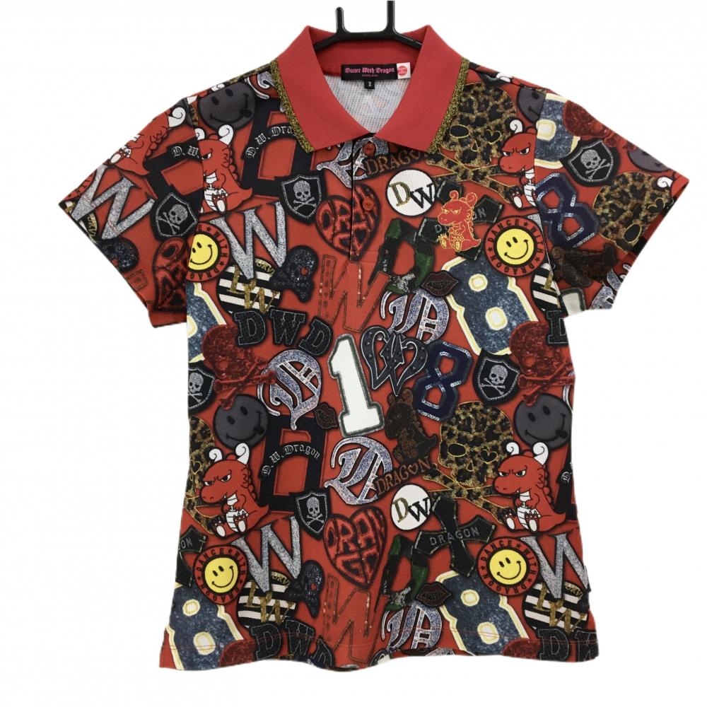 【超美品】ダンスウィズドラゴン 半袖ポロシャツ レッド×ネイビー系×イエロー 総柄 レディース 2(M) ゴルフウェア Dance With Dragon