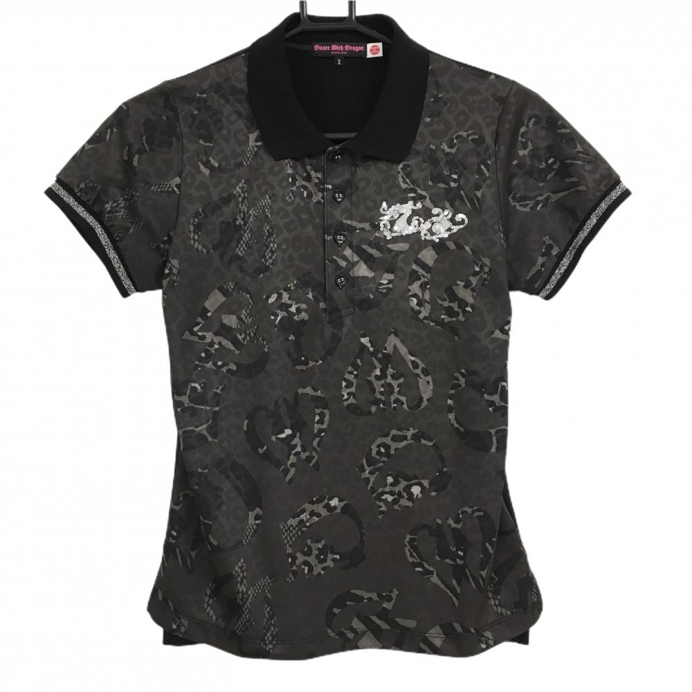 【超美品】ダンスウィズドラゴン 半袖ポロシャツ グレー系×黒 前面レオパード レディース 2(M) ゴルフウェア Dance With Dragon