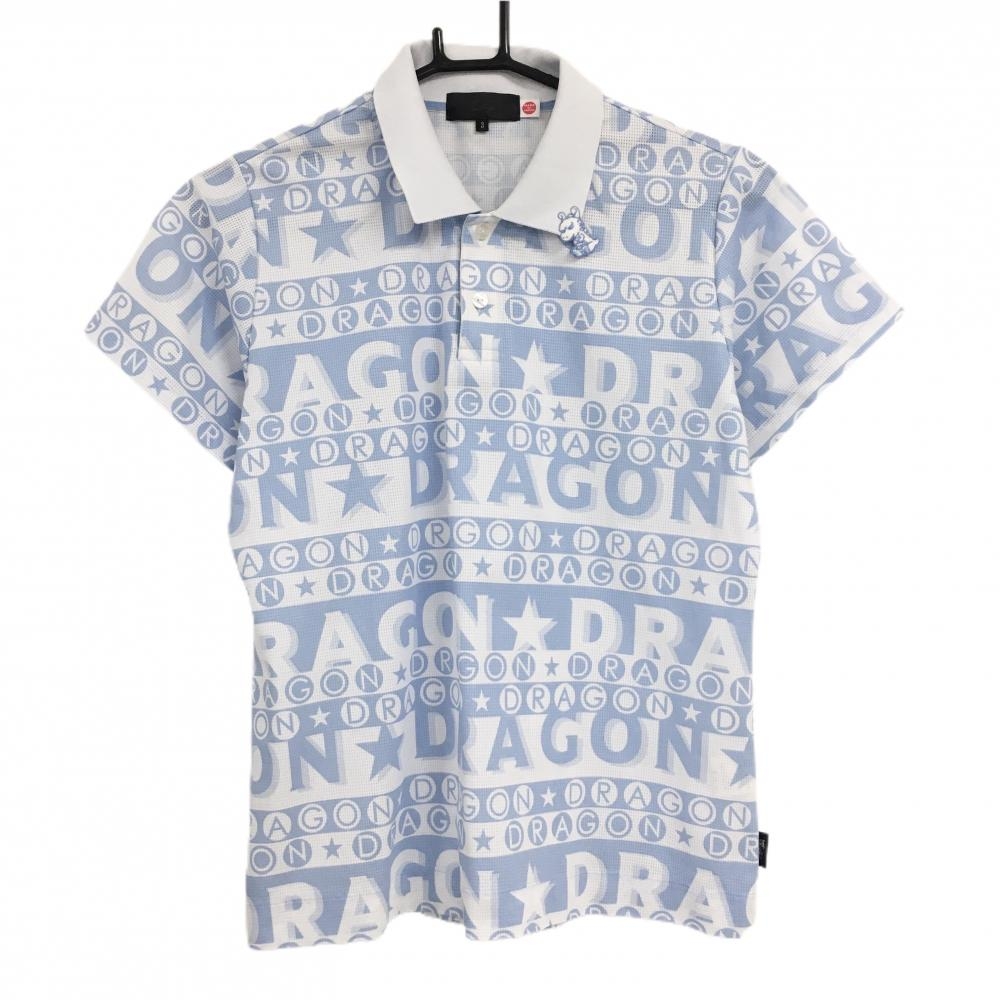 【美品】ダンスウィズドラゴン 半袖ポロシャツ 白×ライトブルー ロゴ総柄 チビドラ  レディース 3(L) ゴルフウェア Dance With Dragon