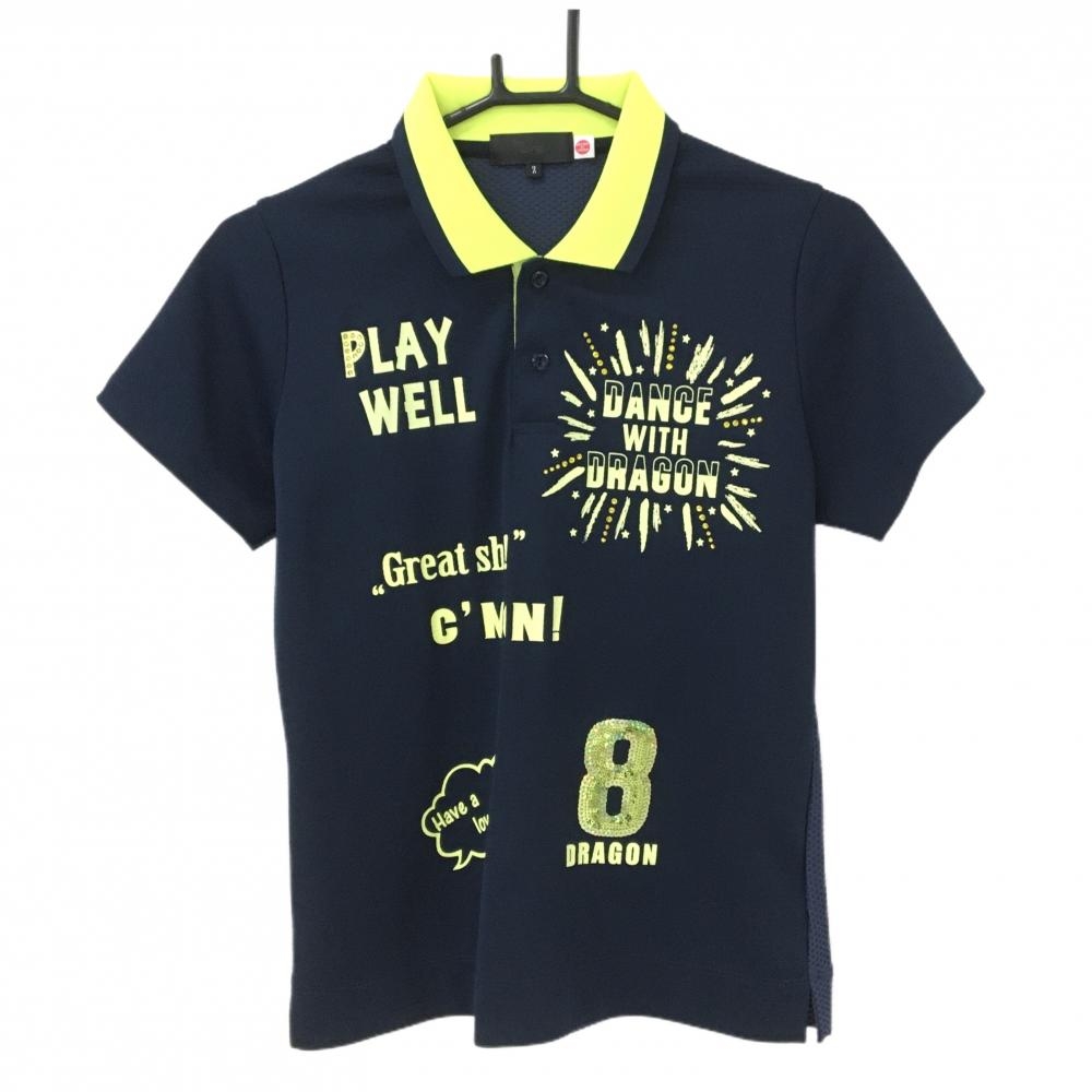 【超美品】ダンスウィズドラゴン 半袖ポロシャツ ネイビー×イエロー スパンコール  レディース 2(M) ゴルフウェア Dance With Dragon