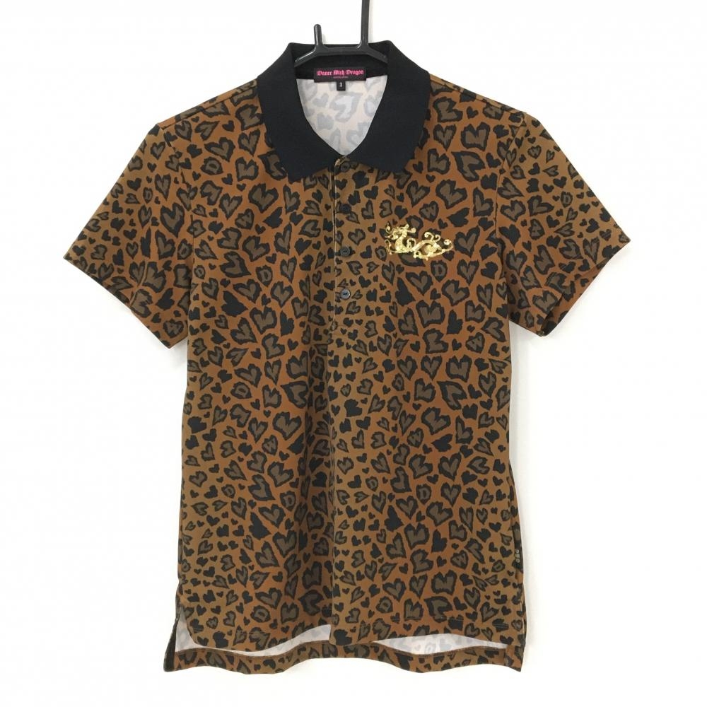 【超美品】ダンスウィズドラゴン 半袖ポロシャツ ブラウン×黒 レオパード柄 ハート レディース 3(L) ゴルフウェア Dance With Dragon