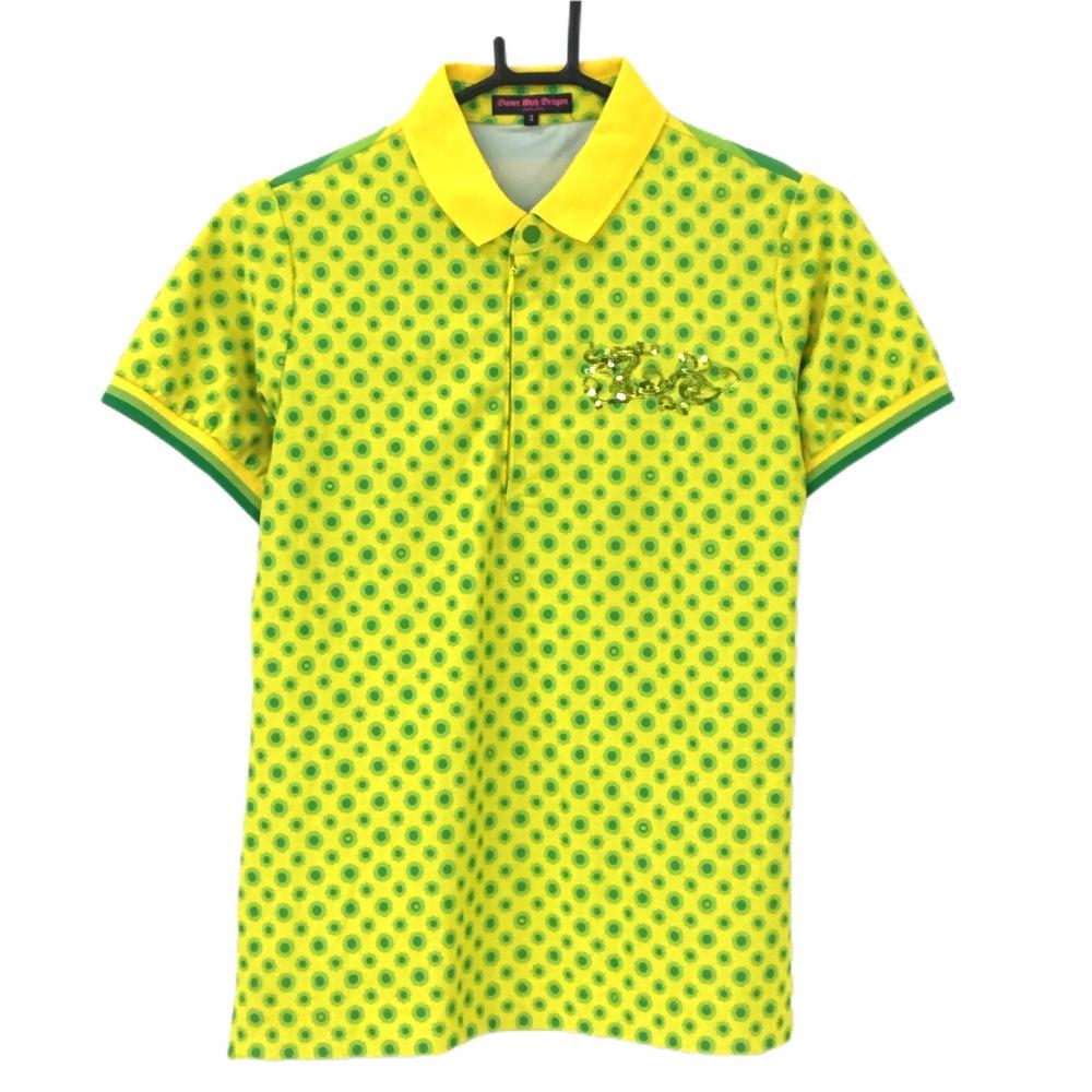【美品】ダンスウィズドラゴン 半袖ポロシャツ イエロー×グリーン ドット風 レディース 3(L) ゴルフウェア Dance With Dragon
