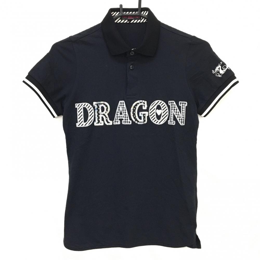 【超美品】ダンスウィズドラゴン 半袖ポロシャツ 黒×白 一部柄 スパンコールロゴ レディース 2(M) ゴルフウェア Dance With Dragon