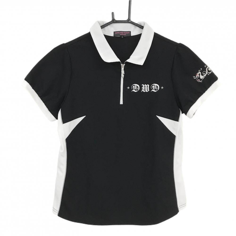 【美品】ダンスウィズドラゴン 半袖ポロシャツ 黒×白 ハーフジップ 星刺しゅう  レディース 3(L) ゴルフウェア Dance With Dragon