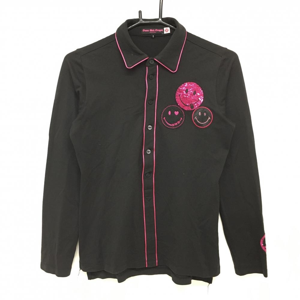 ダンスウィズドラゴン 長袖ポロシャツ 黒×ピンク ニコちゃん スマイル レディース 2(M) ゴルフウェア Dance With Dragon