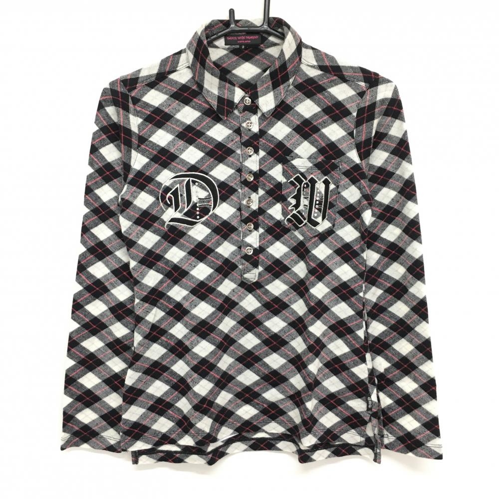 【美品】ダンスウィズドラゴン 長袖ポロシャツ 黒×白×ピンク チェック ラメ  レディース 2(M) ゴルフウェア Dance With Dragon