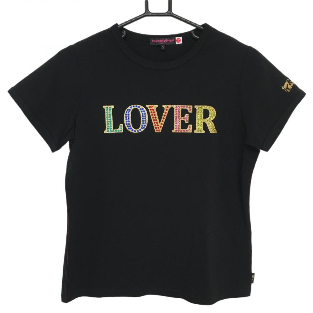 【超美品】ダンスウィズドラゴン 半袖Tシャツ 黒×ゴールド ラインストーン レディース 2(M) ゴルフウェア Dance With Dragon