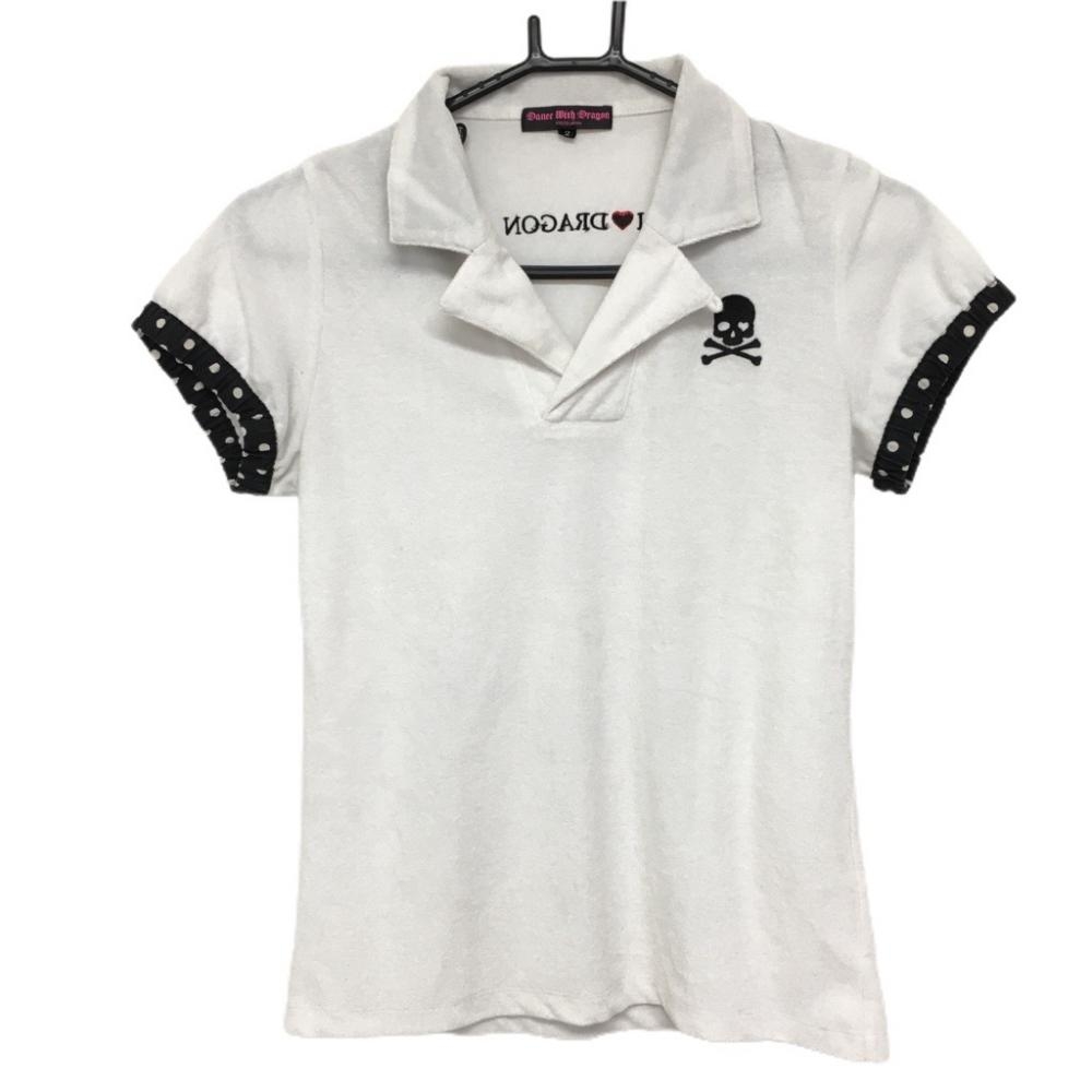 ダンスウィズドラゴン 半袖スキッパーシャツ 白×黒 パイル地 スカル 袖口ドット レディース 2(M) ゴルフウェア Dance With Dragon