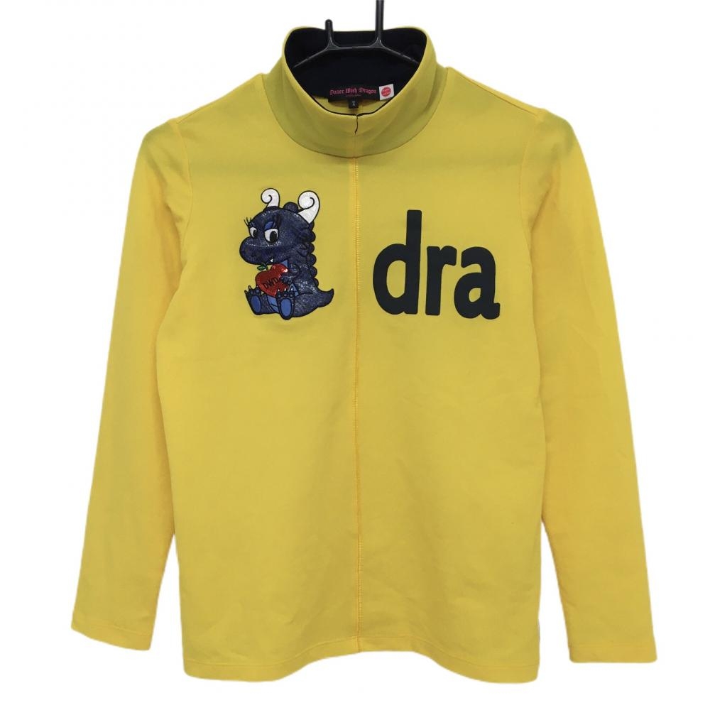 【美品】ダンスウィズドラゴン 襟付き長袖シャツ イエロー×ネイビー チビドラ レディース 2(M) ゴルフウェア Dance With Dragon
