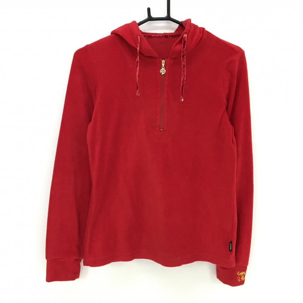 【美品】ダンスウィズドラゴン フード付長袖シャツ レッド フリース 袖口ロゴ刺しゅう  レディース 3(L) ゴルフウェア Dance With Dragon