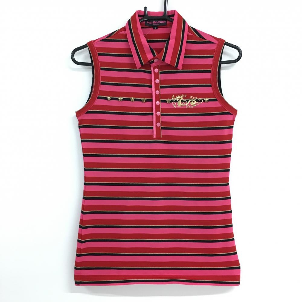 【超美品】ダンスウィズドラゴン ノースリーブポロシャツ レッド×ピンク×黒 ボーダー  レディース 2(M) ゴルフウェア Dance With Dragon