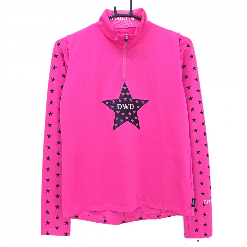 【美品】ダンスウィズドラゴン インナー付ノースリーブシャツ ピンク×黒 星総柄  レディース 2(M) ゴルフウェア Dance With Dragon