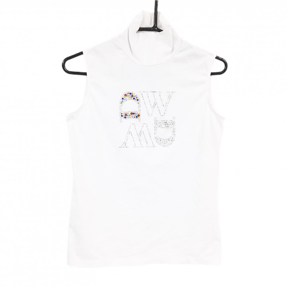 【美品】ダンスウィズドラゴン ノースリーブハイネックシャツ 白 ラインストーンロゴ  レディース 2(M) ゴルフウェア Dance With Dragon