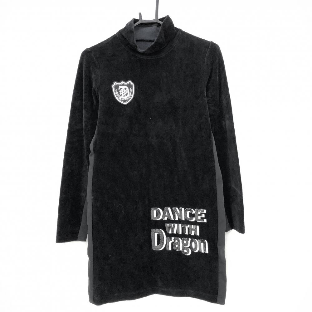【美品】ダンスウィズドラゴン コーデュロイワンピース 黒 ハイネック スパンコールロゴ レディース 2(M) ゴルフウェア Dance With Dragon