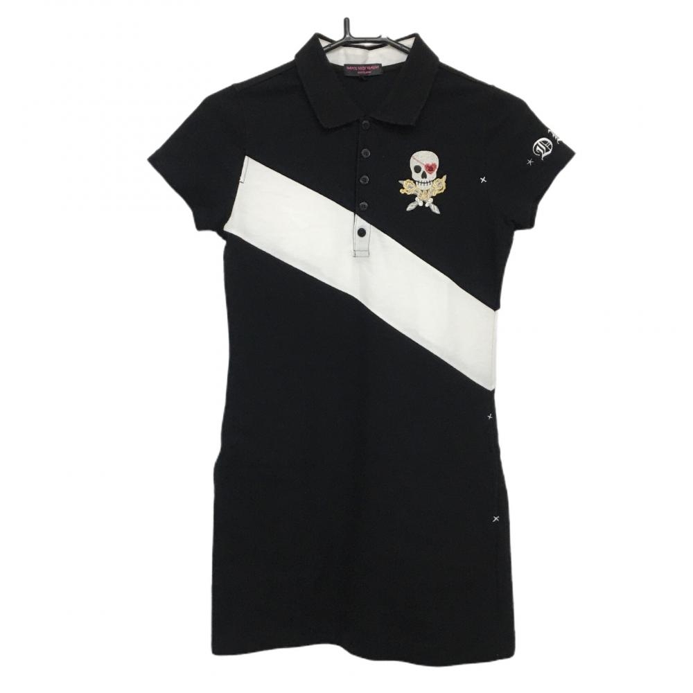 ダンスウィズドラゴン 半袖ポロワンピース 黒×白 スカル刺しゅう 斜め切替  レディース 2(M) ゴルフウェア Dance With Dragon
