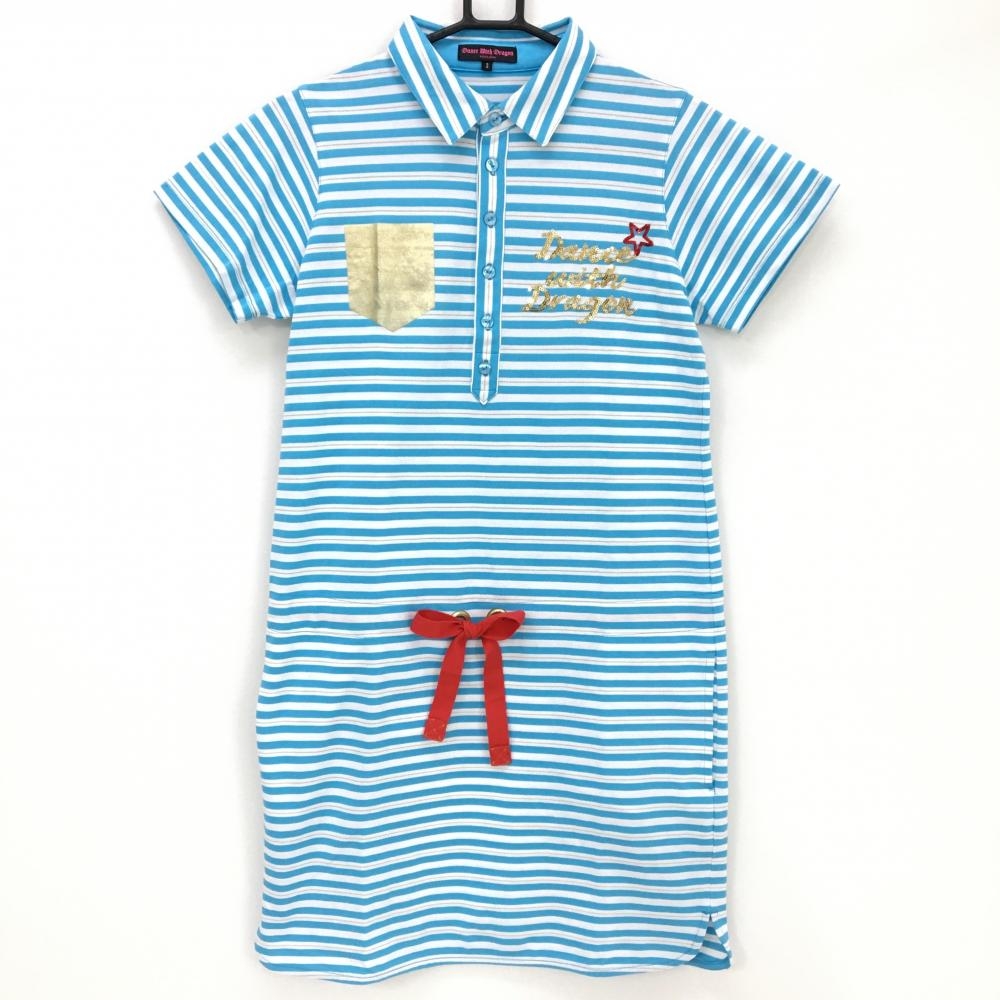 【超美品】ダンスウィズドラゴン 半袖ポロワンピース ライトブルー×白 ボーダー レディース 3(L) ゴルフウェア Dance With Dragon