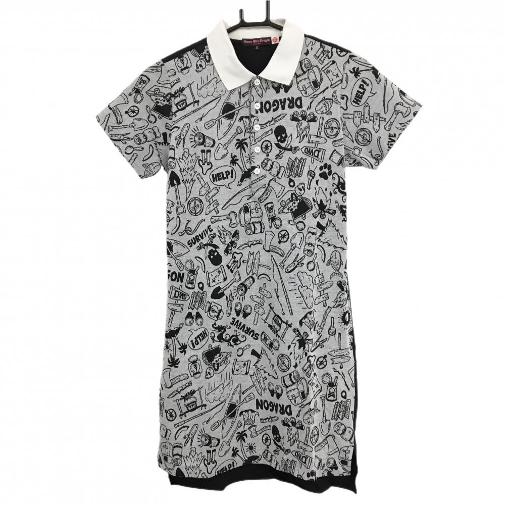 【美品】ダンスウィズドラゴン 半袖ポロワンピース 白×黒 前身ごろ・袖総柄 背面ロゴ レディース 2(M) ゴルフウェア Dance With Dragon