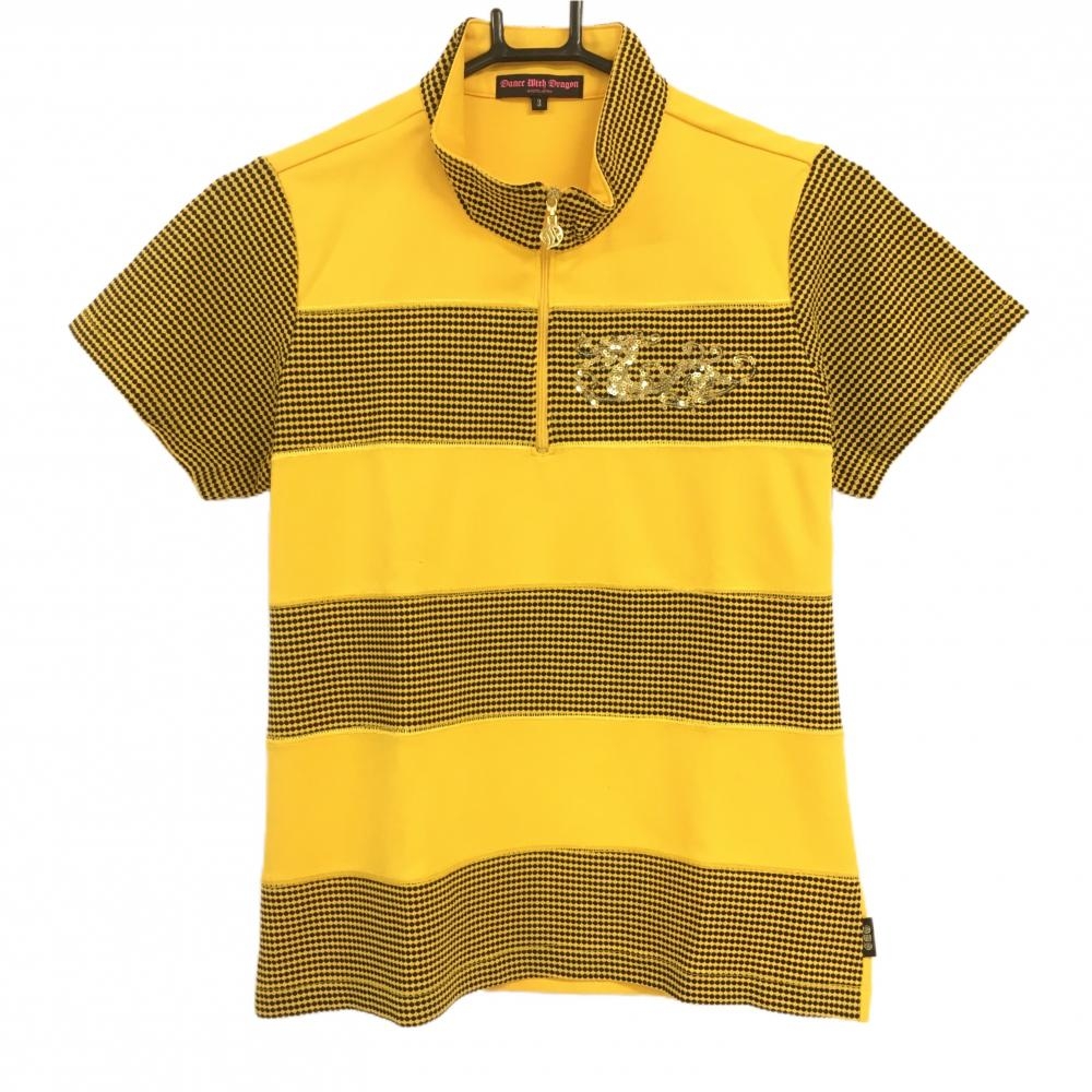 ダンスウィズドラゴン 半袖ハイネックシャツ イエロー×黒 ドット ハーフジップ レディース 3(L) ゴルフウェア Dance With Dragon