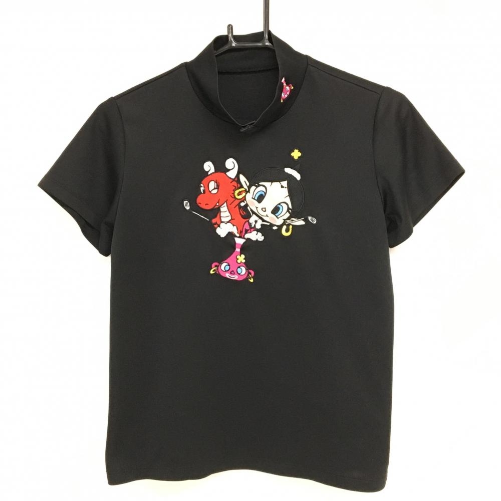 ダンスウィズドラゴン×Akubigirl 半袖ハイネックシャツ 黒×レッド×ピンク レディース 2(M) ゴルフウェア Dance With Dragon