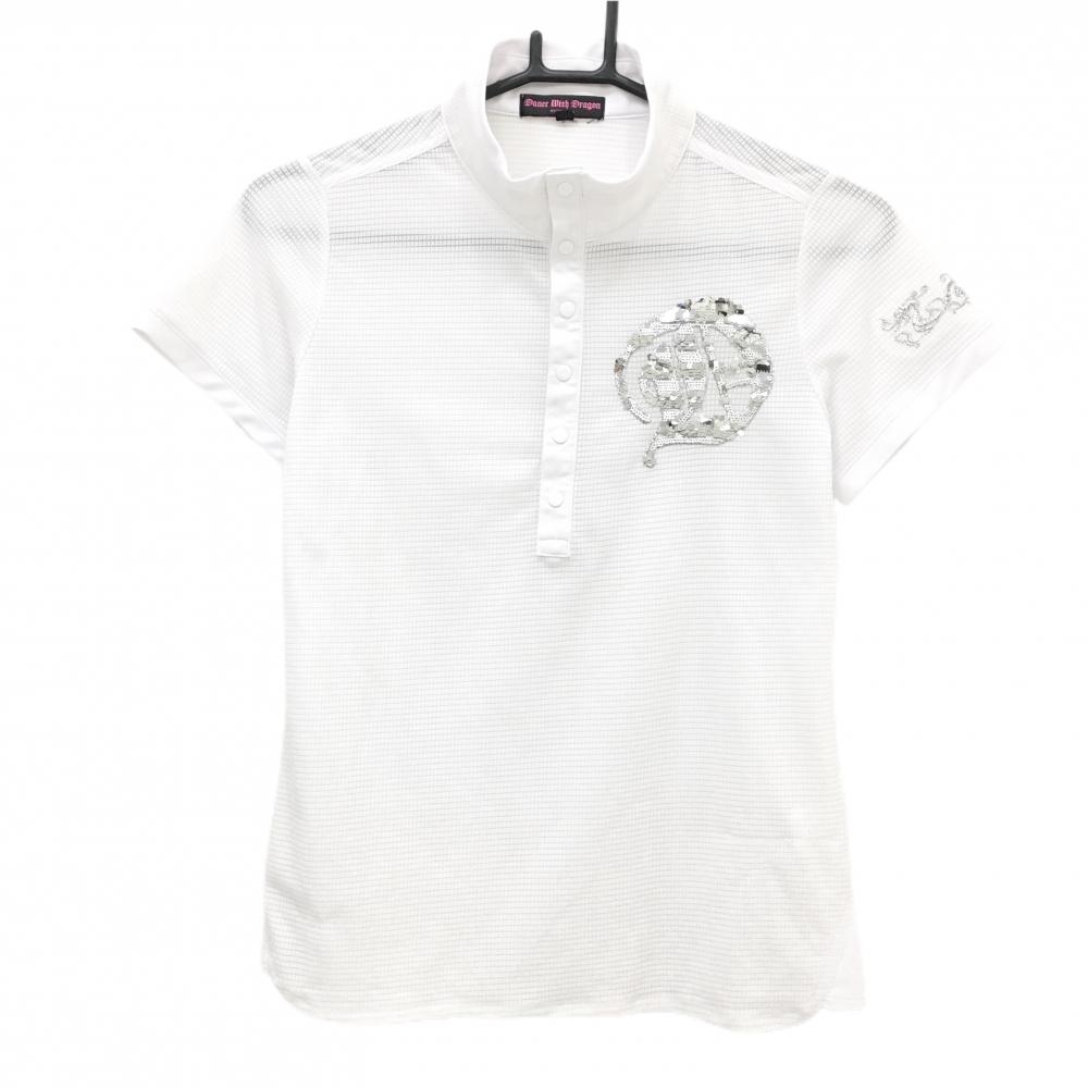 【美品】ダンスウィズドラゴン 半袖ハイネックシャツ 白 ロゴシルバー スパンコール レディース 2(M) ゴルフウェア Dance With Dragon
