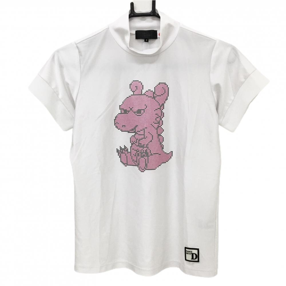 【超美品】ダンスウィズドラゴン 半袖ハイネックシャツ 白×ピンク チビドラ レディース 1(S) ゴルフウェア Dance With Dragon