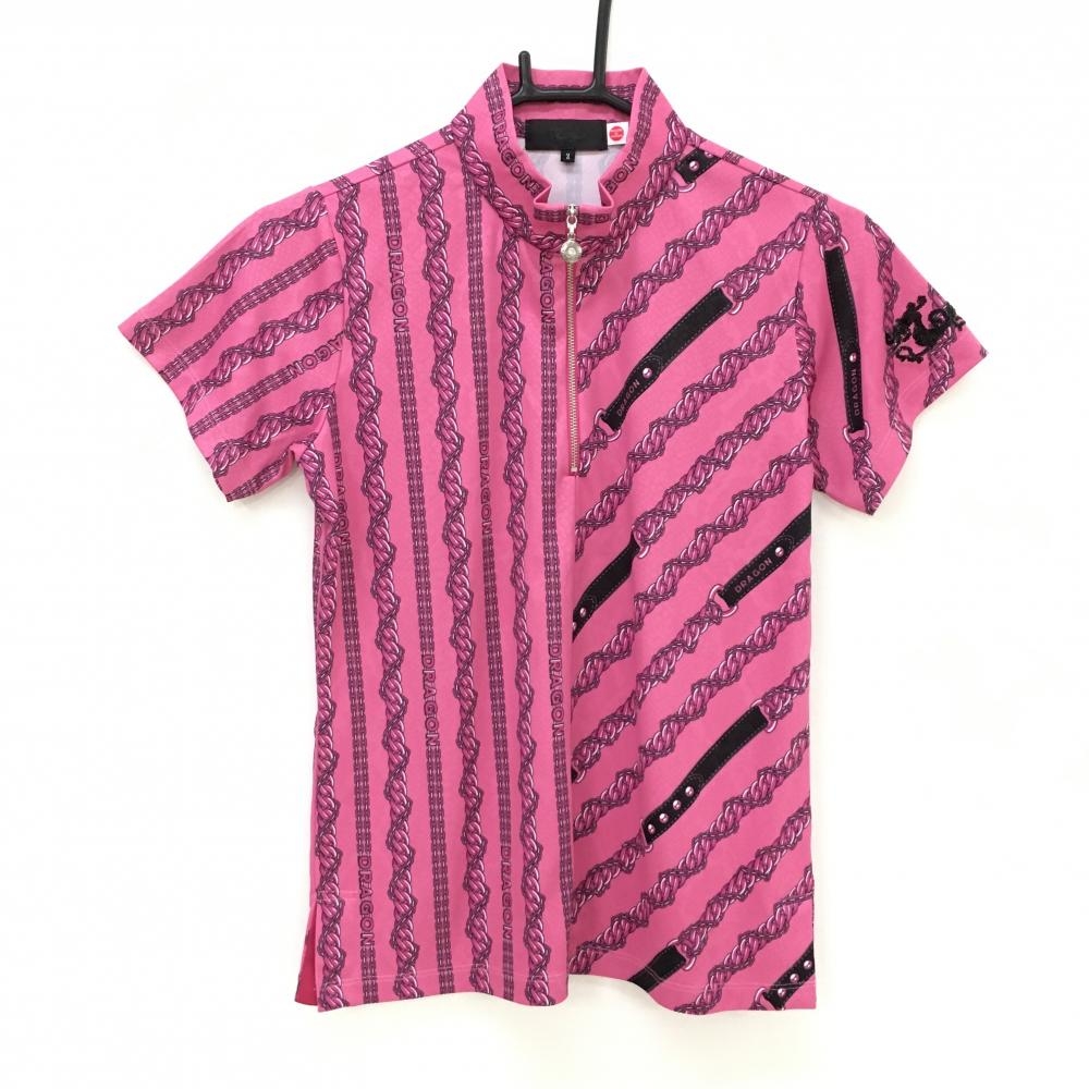 【超美品】ダンスウィズドラゴン 半袖ハイネックシャツ ピンク×黒  レディース 2(M) ゴルフウェア Dance With Dragon
