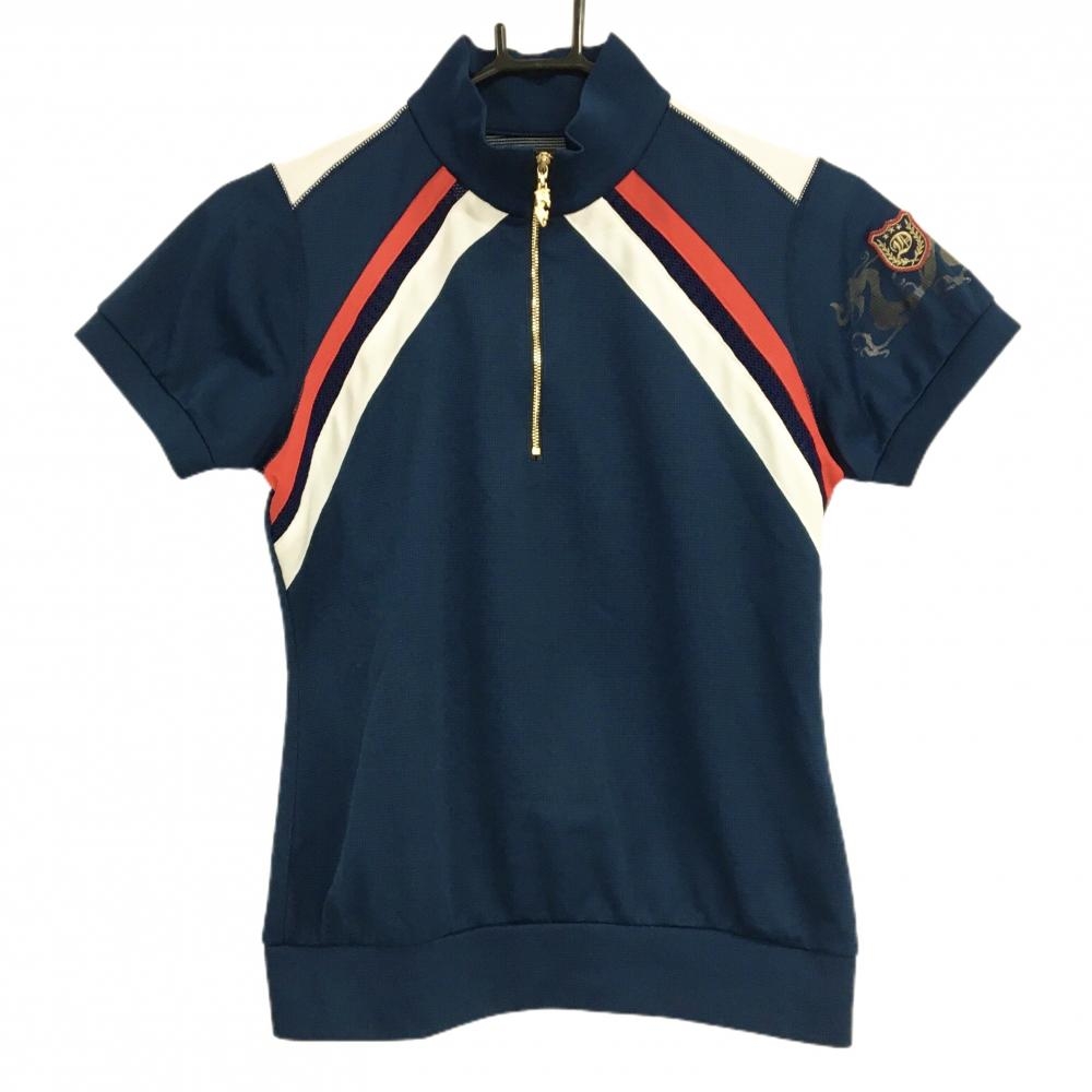 【美品】ダンスウィズドラゴン 半袖ハイネックシャツ ネイビー×白×レッド  レディース 2(M) ゴルフウェア Dance With Dragon