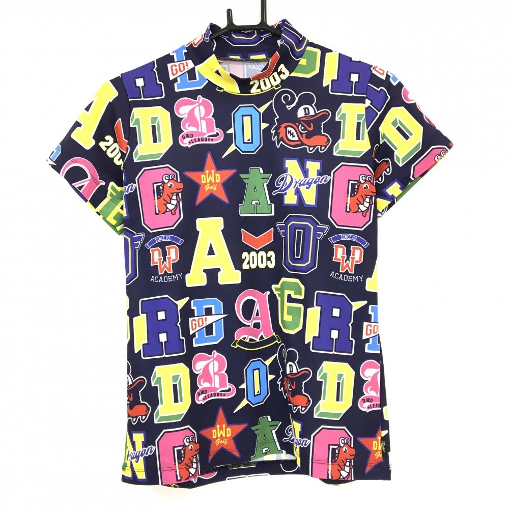 【超美品】ダンスウィズドラゴン 半袖ハイネックシャツ ネイビー×マルチカラー 総柄  レディース 2(M) ゴルフウェア Dance With Dragon