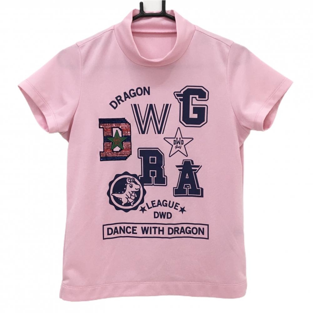 【美品】ダンスウィズドラゴン 半袖ハイネックシャツ ピンク×ネイビー スパンコールロゴ レディース 2(M) ゴルフウェア Dance With Dragon