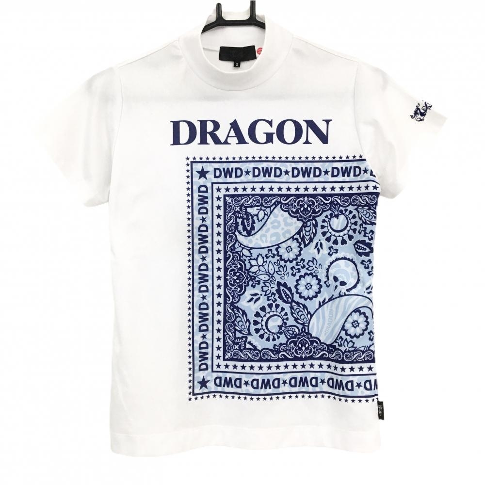 ダンスウィズドラゴン 半袖ハイネックシャツ 白×ネイビー　一部ペイズリー風プリント レディース 2(M) ゴルフウェア Dance With Dragon