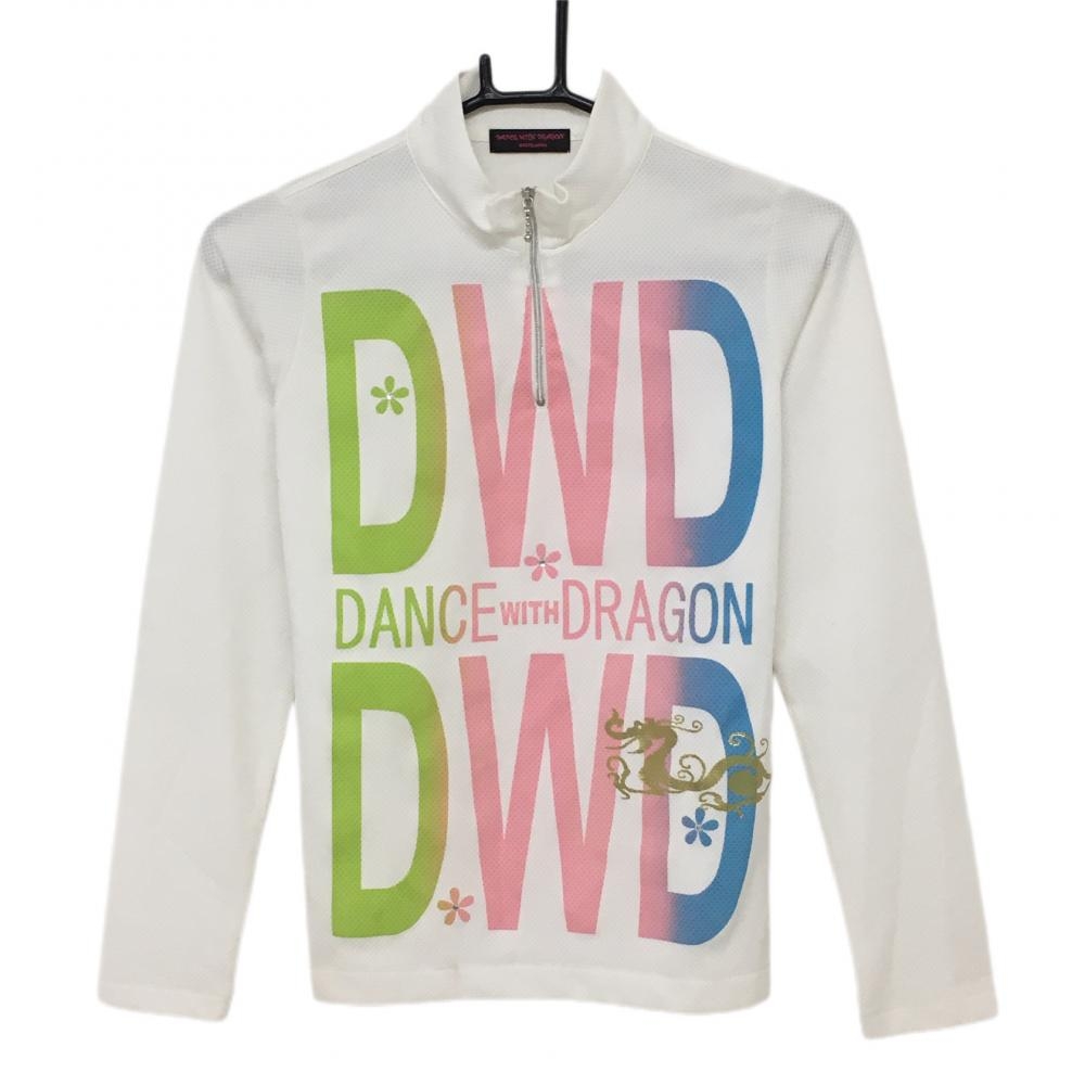 ダンスウィズドラゴン 長袖ハイネックシャツ 白×ピンク ビッグロゴ ハーフジップ  レディース 2(M) ゴルフウェア Dance With Dragon