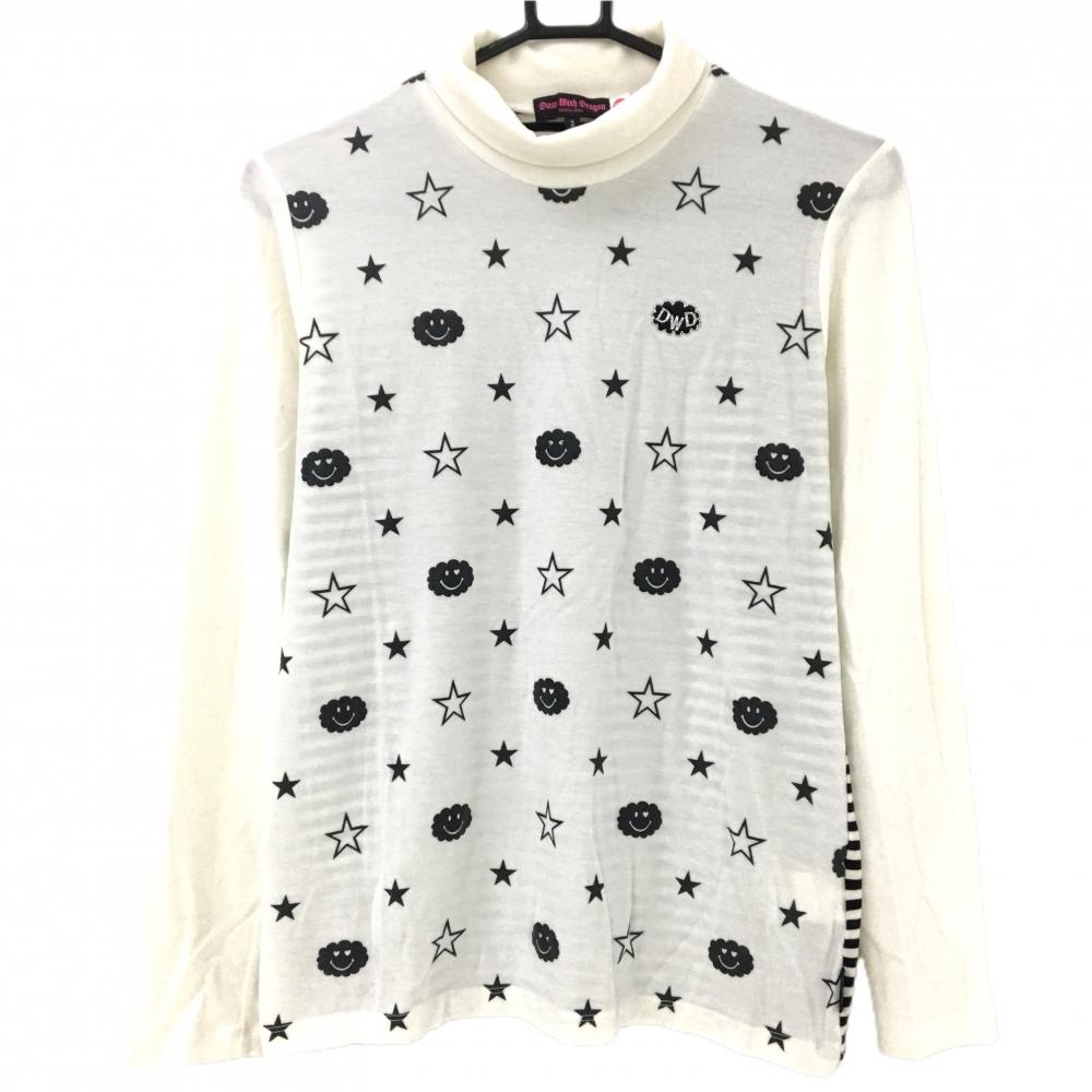 ダンスウィズドラゴン 長袖ハイネックシャツ 白×黒 前面プリント 背面ボーダー 微起毛 レディース 3(L) ゴルフウェア Dance With Dragon