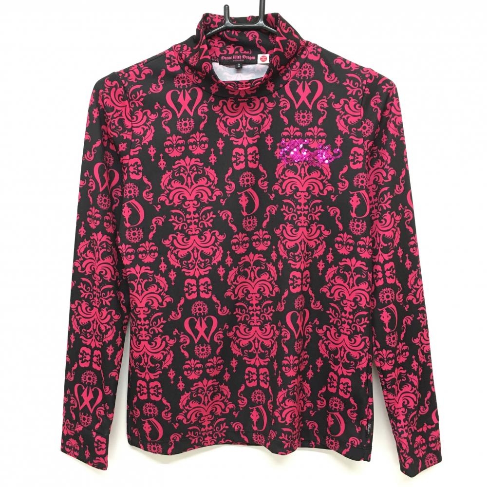 【美品】ダンスウィズドラゴン 長袖ハイネックシャツ 黒×ピンク 総柄ロゴスパンコール レディース 2(M) ゴルフウェア Dance With Dragon
