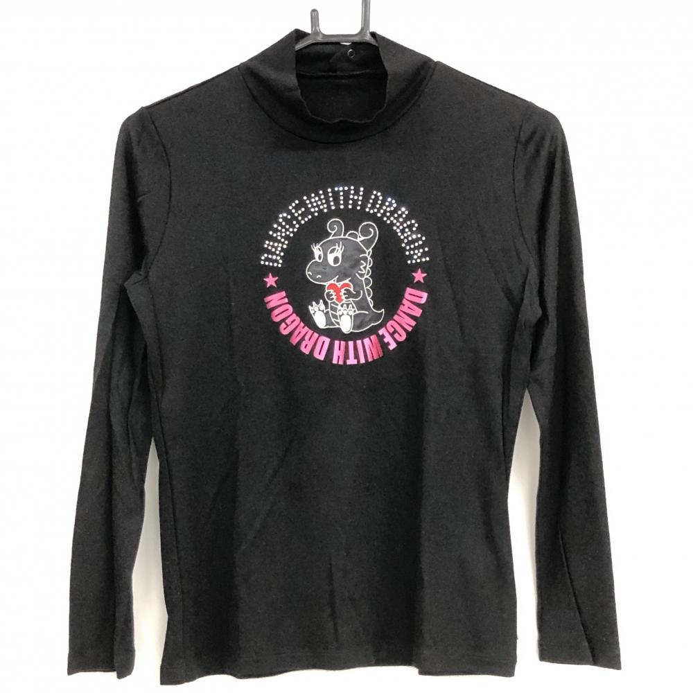 【超美品】ダンスウィズドラゴン 長袖ハイネックシャツ 黒×ピンク チビドラ ラメ レディース 2(M) ゴルフウェア Dance With Dragon