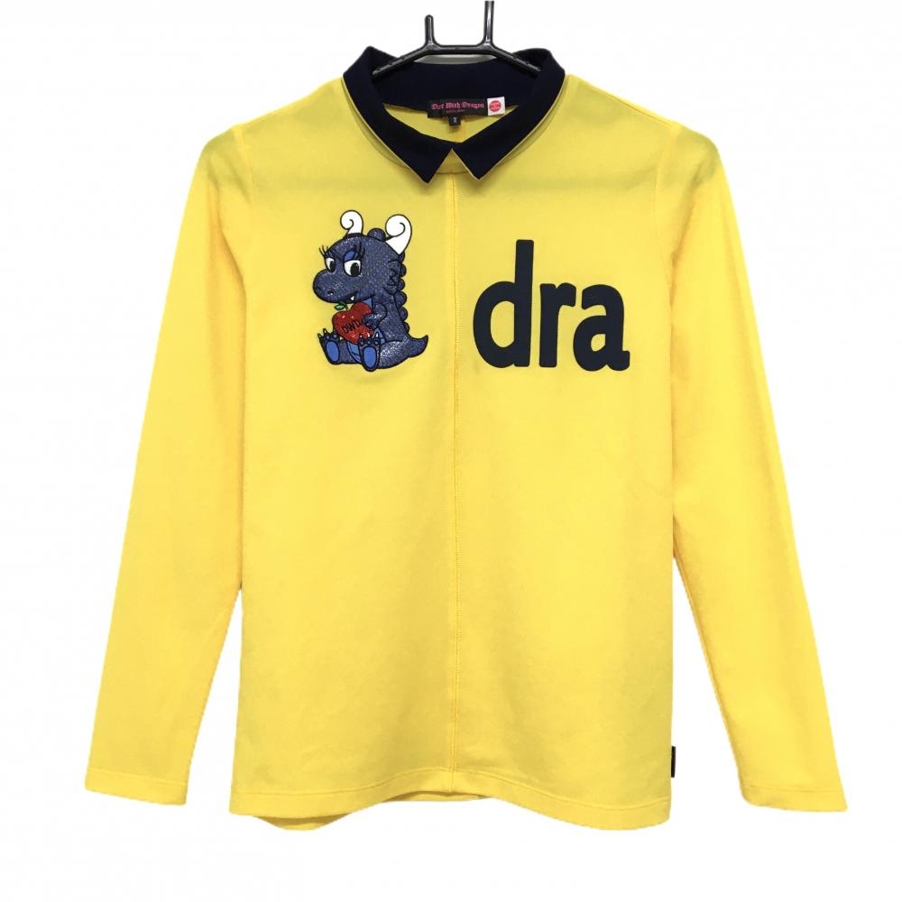 【超美品】ダンスウィズドラゴン 長袖ハイネックシャツ イエロー×ネイビー  レディース 2(M) ゴルフウェア Dance With Dragon