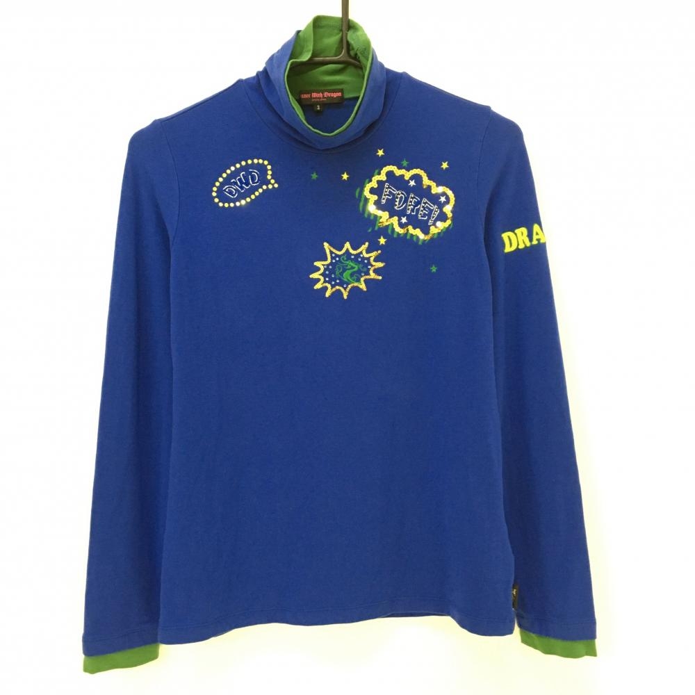 【美品】ダンスウィズドラゴン 長袖ハイネックシャツ ブルー×グリーン 一部星柄   レディース 3(L) ゴルフウェア Dance With Dragon