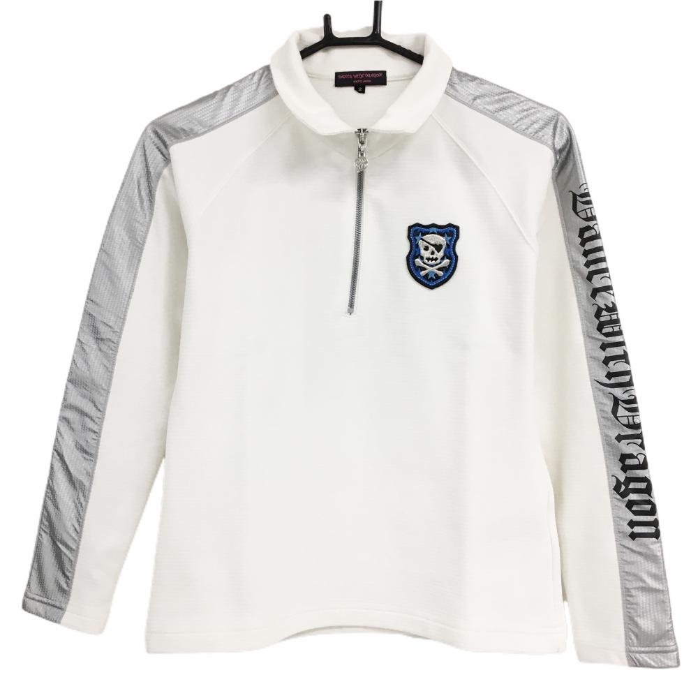 【美品】ダンスウィズドラゴン 長袖ハイネックシャツ 白×シルバー 袖ロゴライン レディース 2(M) ゴルフウェア Dance With Dragon