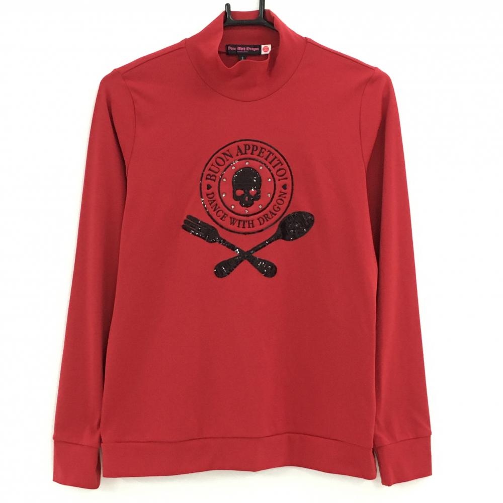 【超美品】ダンスウィズドラゴン 長袖ハイネックシャツ レッド×黒 スカル レディース 3(L) ゴルフウェア Dance With Dragon