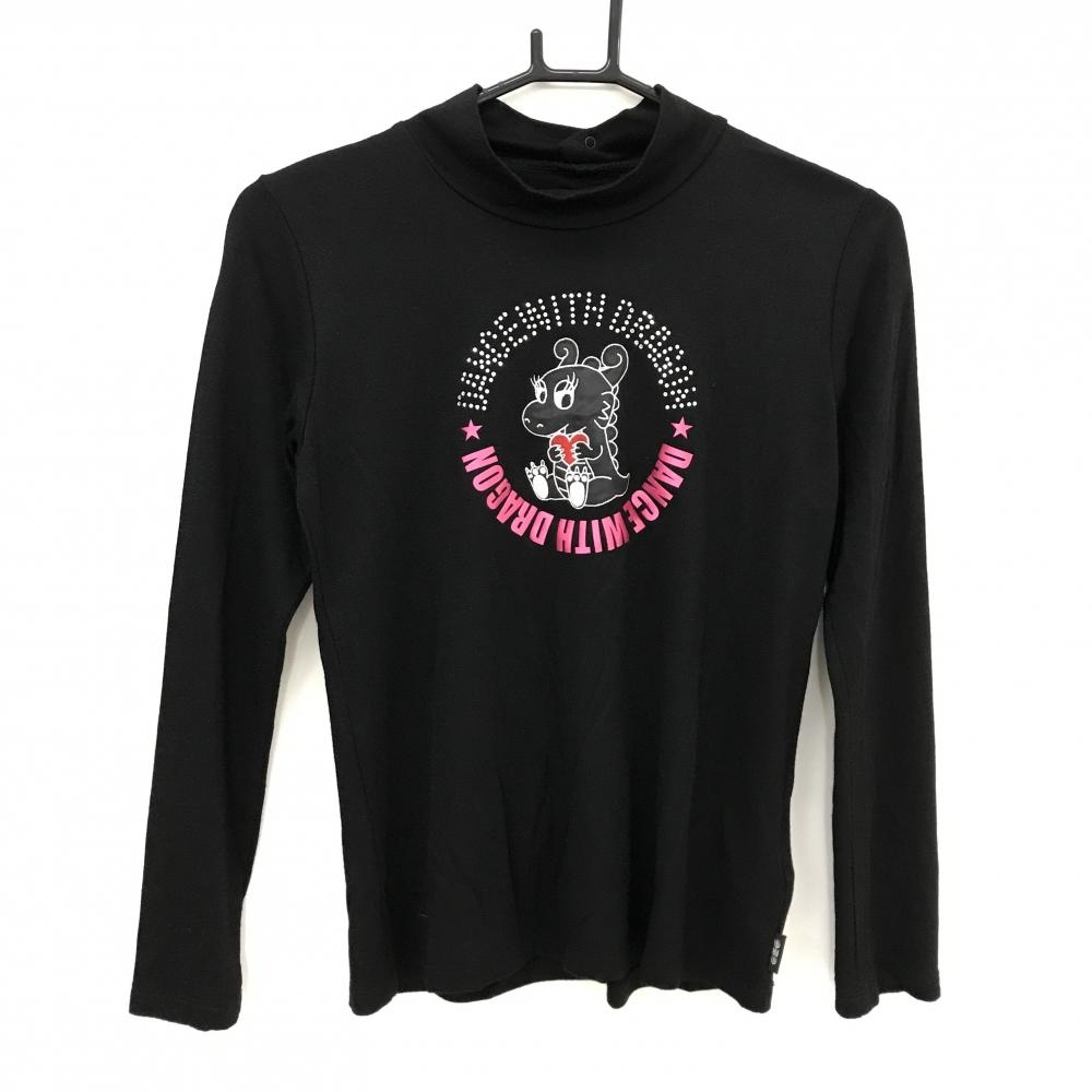 【美品】ダンスウィズドラゴン 長袖ハイネックシャツ 黒 チビドラ ラインストーン  レディース 2(M) ゴルフウェア Dance With Dragon