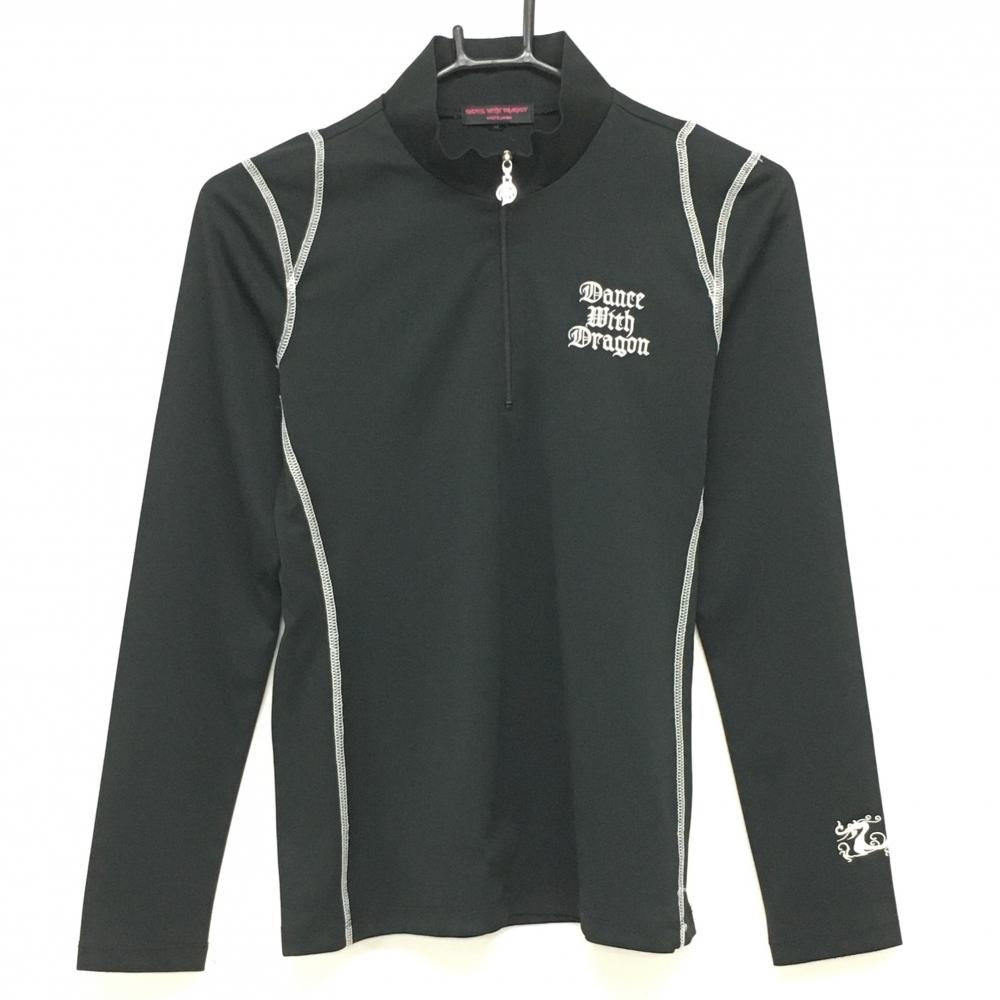【美品】ダンスウィズドラゴン 長袖ハイネックシャツ 黒 ハーフジップ ステッチ白 レディース 3(L) ゴルフウェア Dance With Dragon