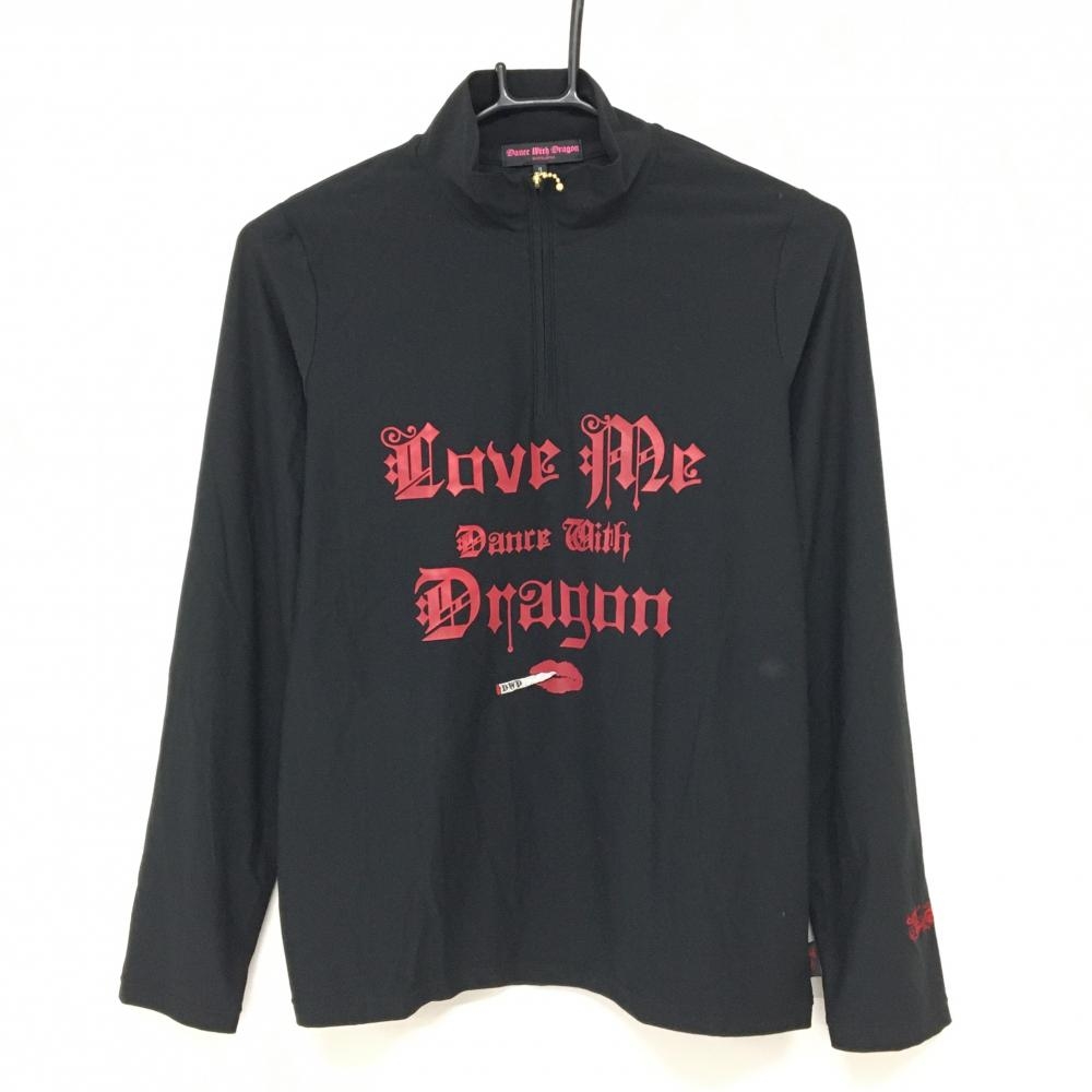 【美品】ダンスウィズドラゴン 長袖ハイネックシャツ 黒×レッド ハーフジップ レディース 3(L) ゴルフウェア Dance With Dragon