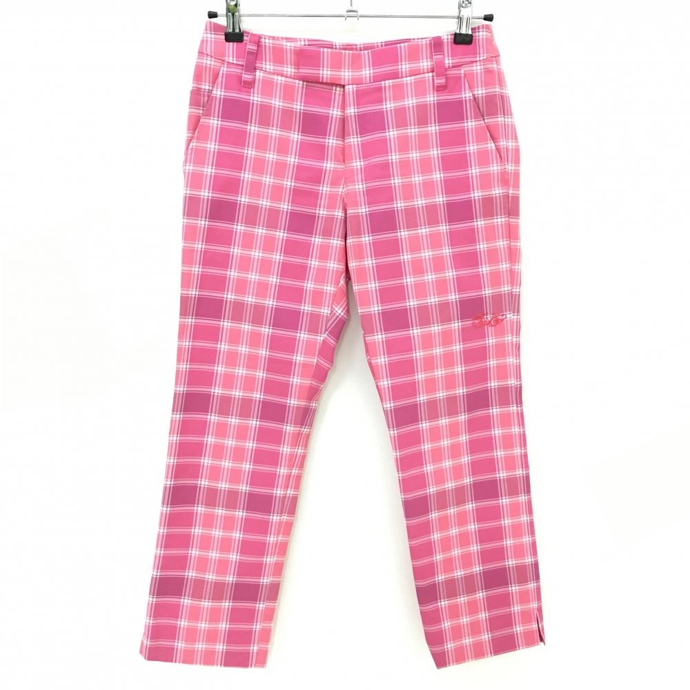 【美品】ダンスウィズドラゴン 七分丈パンツ ピンク×白 チェック 裾スリット レディース 2(M) ゴルフウェア Dance With Dragon