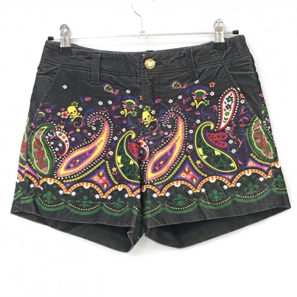 【美品】ダンスウィズドラゴン ショートパンツ 黒×マルチカラー レディース 2(M) ゴルフウェア Dance With Dragon