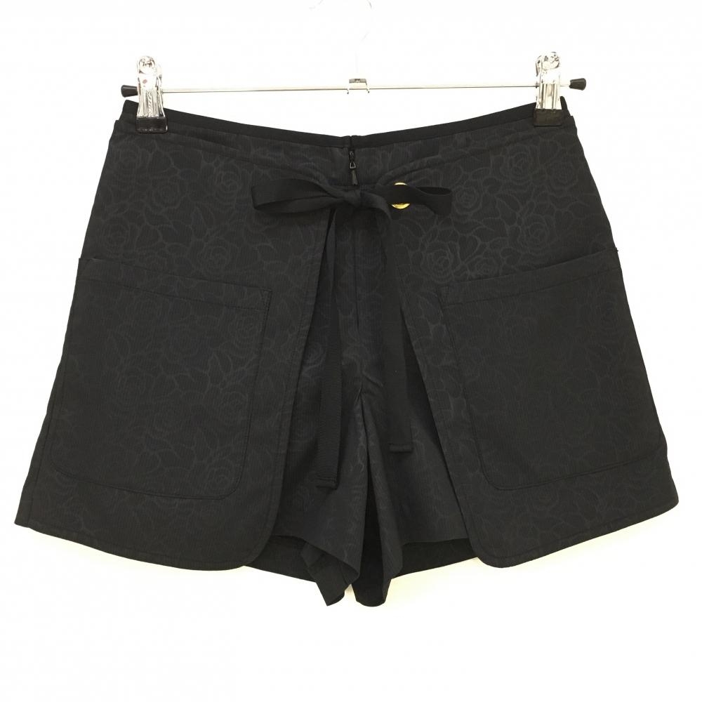 【超美品】ダンスウィズドラゴン ショートパンツ 黒 バラ総柄 フロントリボン レディース 1(S) ゴルフウェア Dance With Dragon