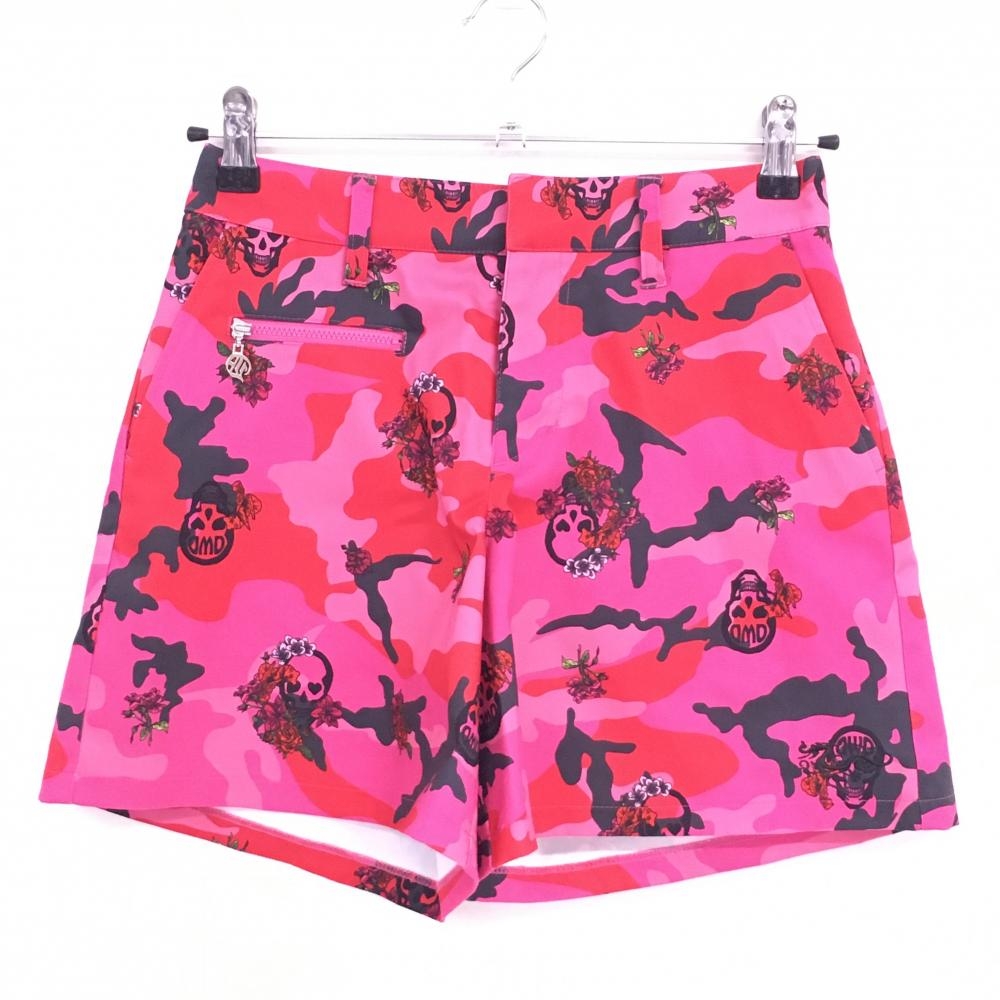 【超美品】ダンスウィズドラゴン ショートパンツ ピンク×黒 カモフラ スカル 迷彩 レディース 1(S) ゴルフウェア Dance With Dragon