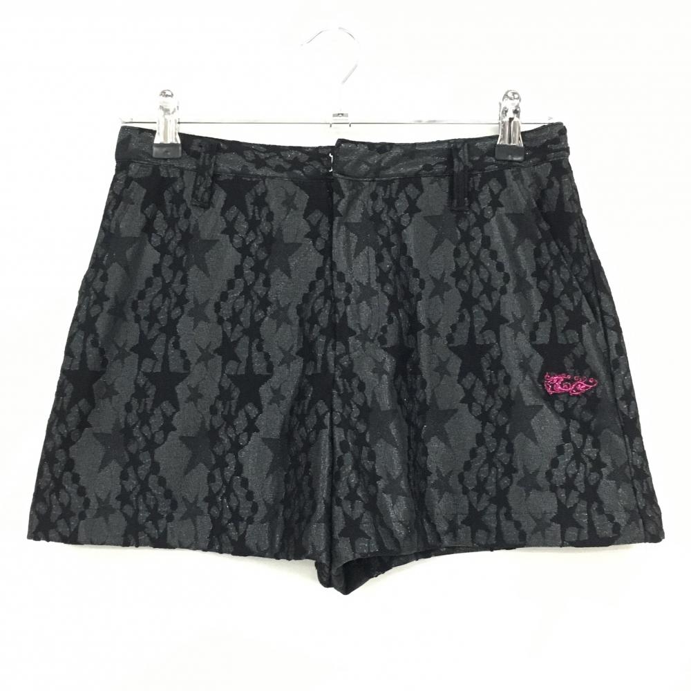 【超美品】ダンスウィズドラゴン ショートパンツ 黒 総柄 星 ジップ下ロゴ レディース 2(M) ゴルフウェア Dance With Dragon