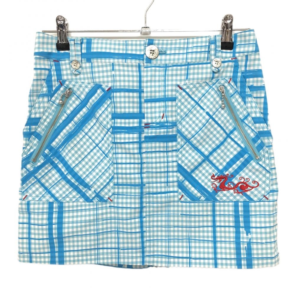【美品】ダンスウィズドラゴン スカートライトブルー×白 ギンガムチェック   レディース 2(M) ゴルフウェア Dance With Dragon