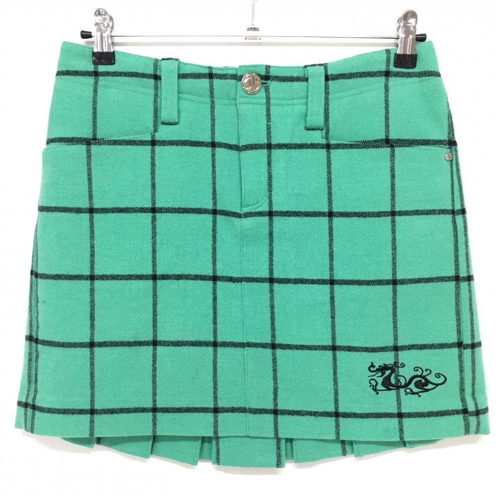 ダンスウィズドラゴン プリーツスカート ライトグリーン×黒 チェック 表起毛 裏地付き レディース 2(M) ゴルフウェア Dance With Dragon