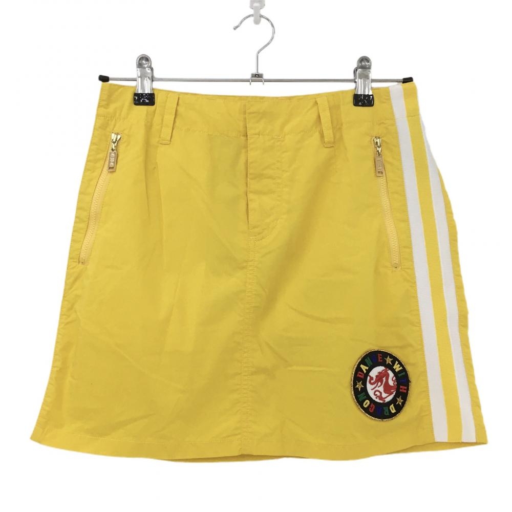 【美品】ダンスウィズドラゴン スカート イエロー×白 サイドライン ワッペン レディース 2 ゴルフウェア Dance With Dragon